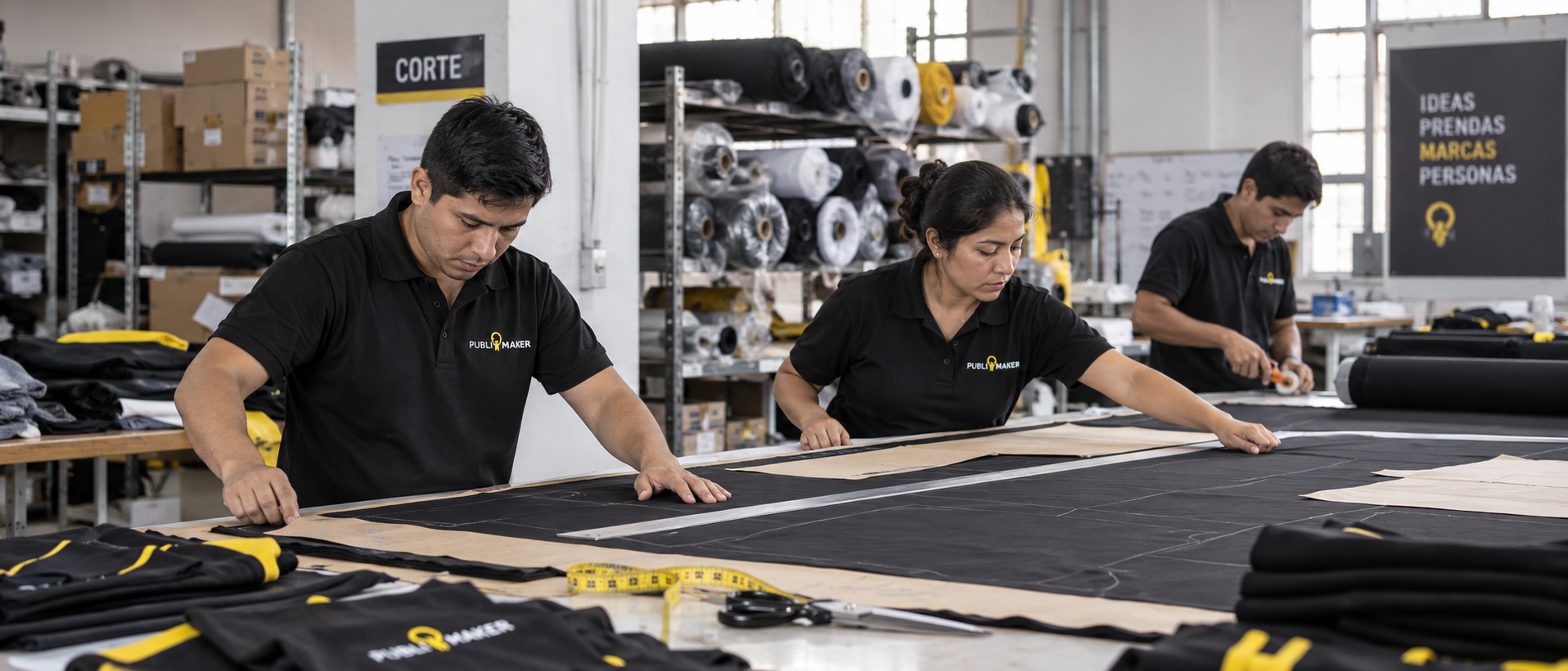 Equipo de trabajo de Publimaker en taller textil